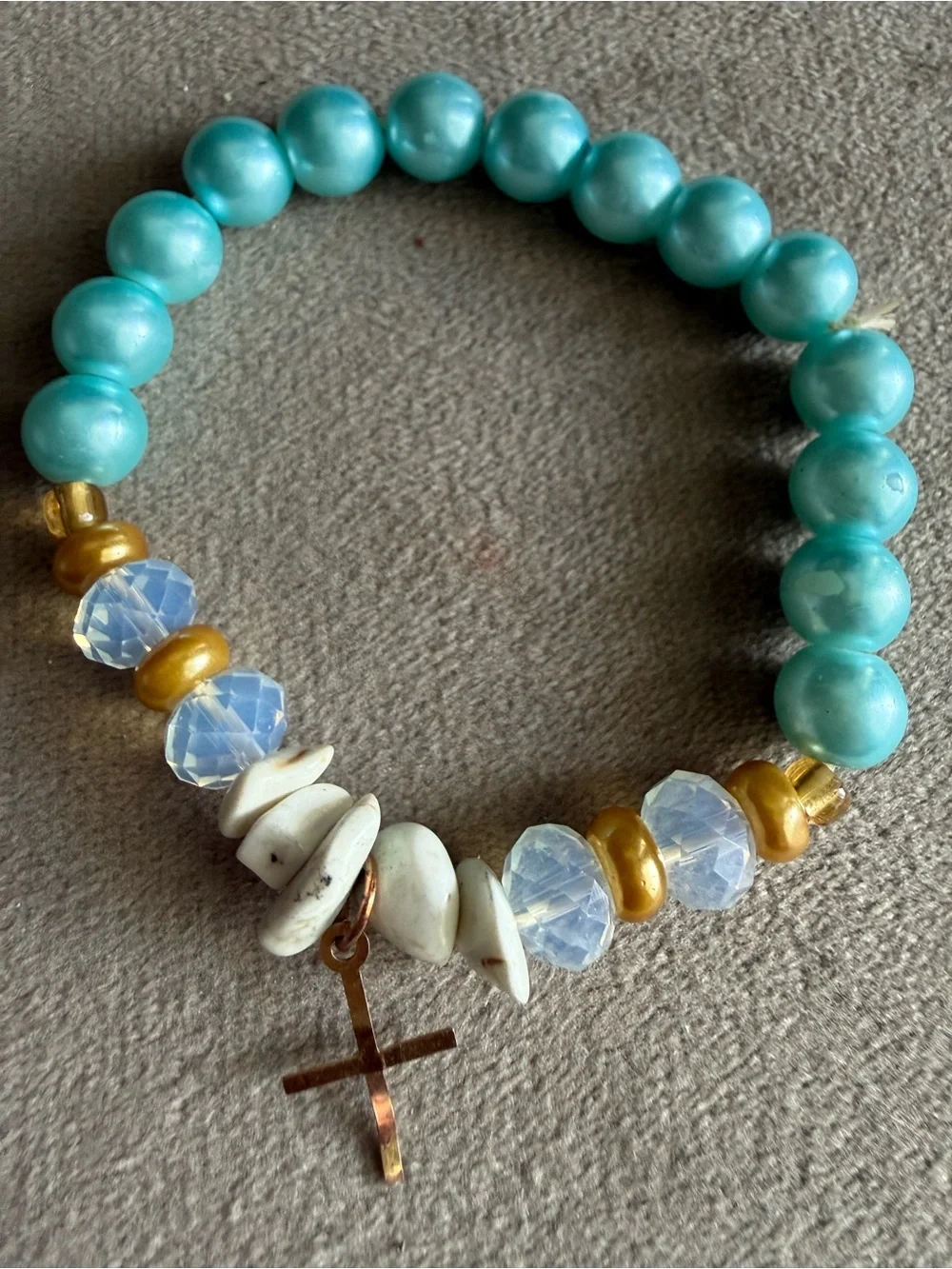 Turquoise Beaded Stretch Bracelet with Gold Accents and Cross Charm